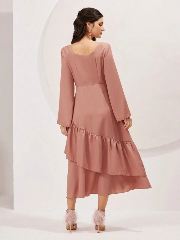 CM-DS155455 Women Elegant Seoul Style V-Neck Bell Sleeve Ruffle Hem A-Line Dress - Pink