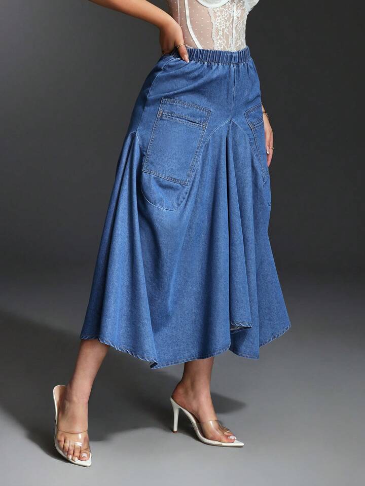 CM-BS176108 Women Casual Seoul Style Elastic Waist Long Loose Denim A-Line Denime Skirt - Blue