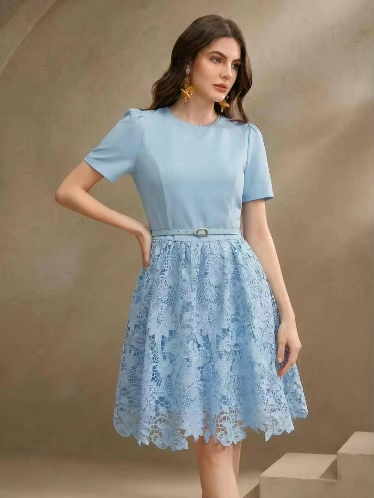 CM-DS467791 Women Elegant Seoul Style Round Neck Short Sleeve Lace Patchwork Mini Dress - Blue