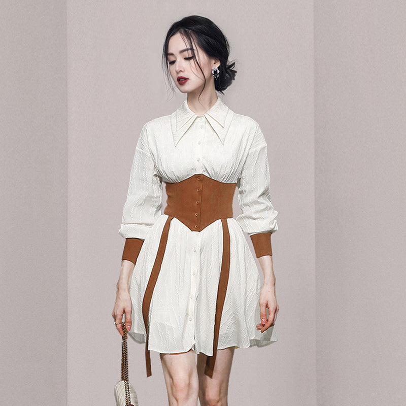 CM-DY006428 Women Casual European Style Double Collar Long Sleeve Slim Dress (Available in 2 colors)