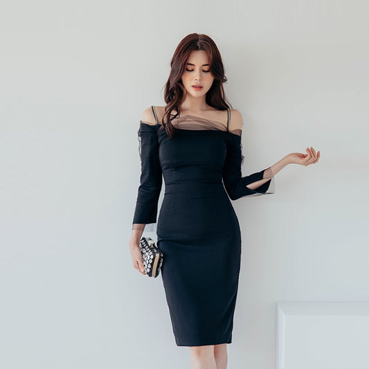 CM-DY009163 Women Elegant Seoul Style Off The Shoulder Long Sleeve Midi Dress - Black
