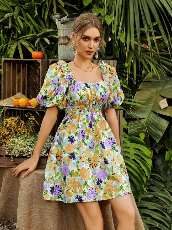 CM-DS825775 Women Trendy Bohemian Style Floral Print Square Neck Puff Sleeve Dress
