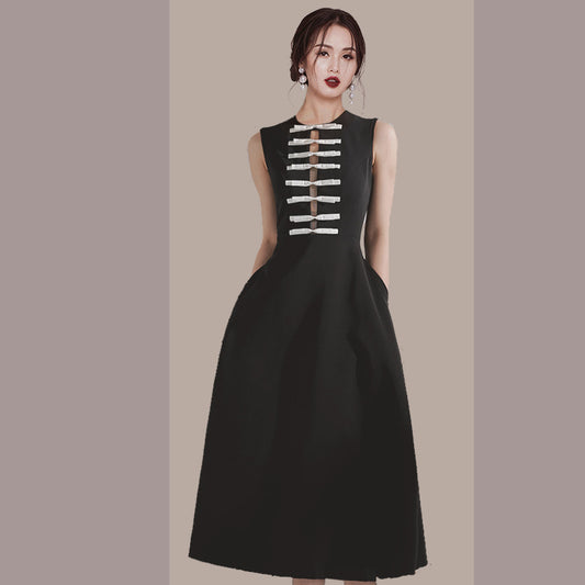 CM-DY010866 Women Elegant European Style Bow Hollow Sleeveless Midi Dress - Black