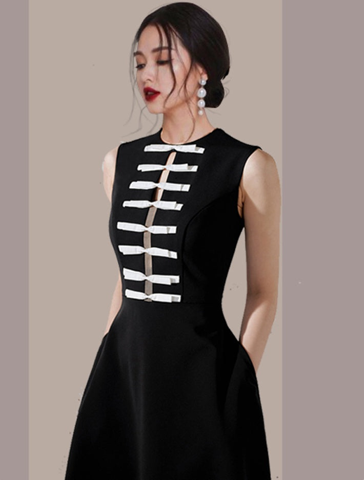 CM-DY010866 Women Elegant European Style Bow Hollow Sleeveless Midi Dress - Black