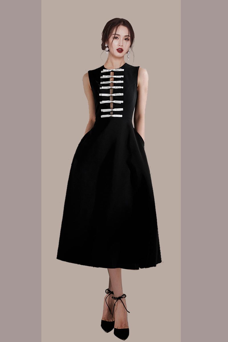 CM-DY010866 Women Elegant European Style Bow Hollow Sleeveless Midi Dress - Black