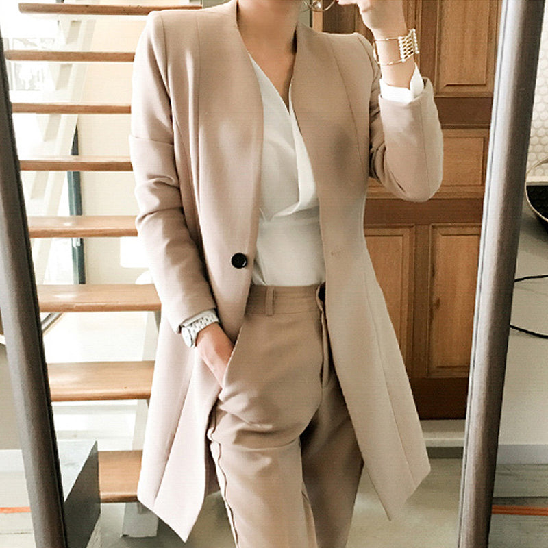 CM-SY013328 Women Elegant Seoul Style One Button Long Sleeve Belted Blazer With Suit Pants - Set