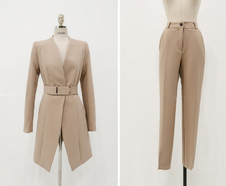 CM-SY013328 Women Elegant Seoul Style One Button Long Sleeve Belted Blazer With Suit Pants - Set