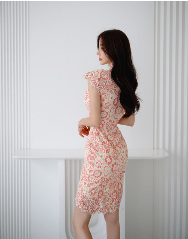 CM-DY019208 Women Elegant Seoul Style Stand Collar Short Sleeve Mini Dress