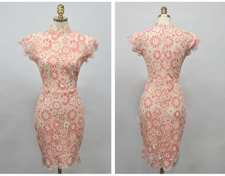 CM-DY019208 Women Elegant Seoul Style Stand Collar Short Sleeve Mini Dress