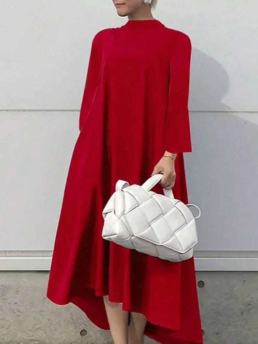 CM-DS107016 Women Elegant Seoul Style High Collar Long Sleeve Mid-Length Dress - Red
