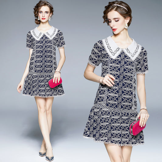 CM-DY020494 Women Elegant European Style Doll Collar Short Sleeve Loose Mini Dress - Navy Blue
