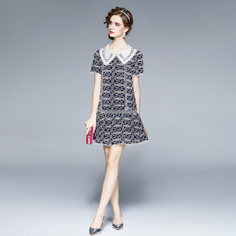 CM-DY020494 Women Elegant European Style Doll Collar Short Sleeve Loose Mini Dress - Navy Blue
