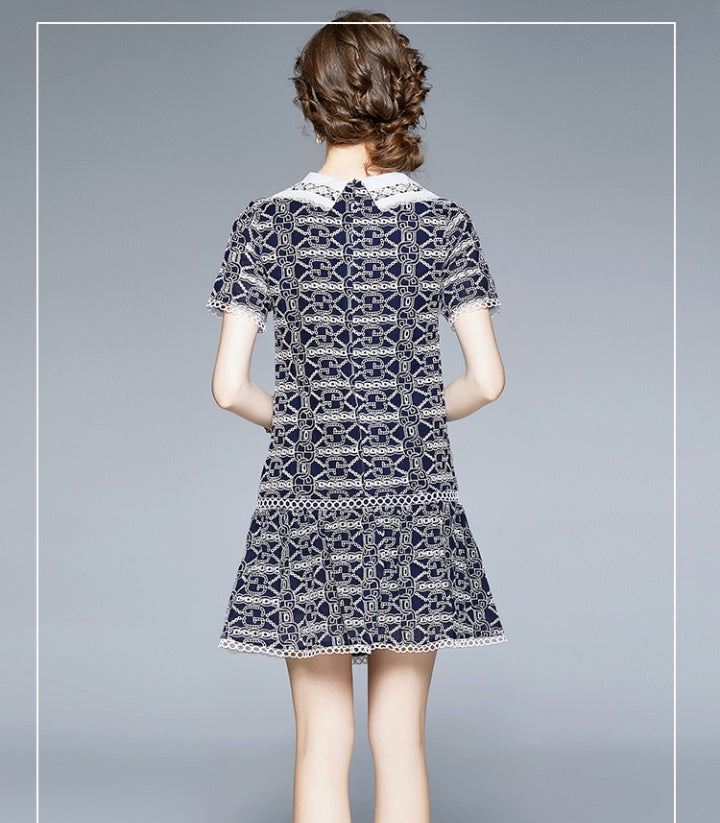 CM-DY020494 Women Elegant European Style Doll Collar Short Sleeve Loose Mini Dress - Navy Blue