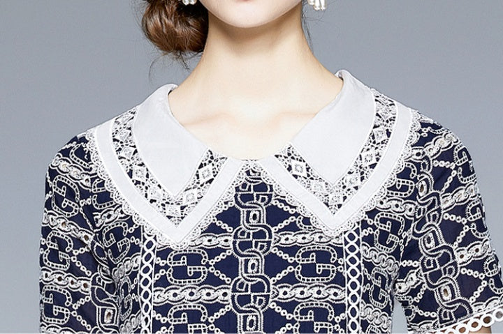 CM-DY020494 Women Elegant European Style Doll Collar Short Sleeve Loose Mini Dress - Navy Blue
