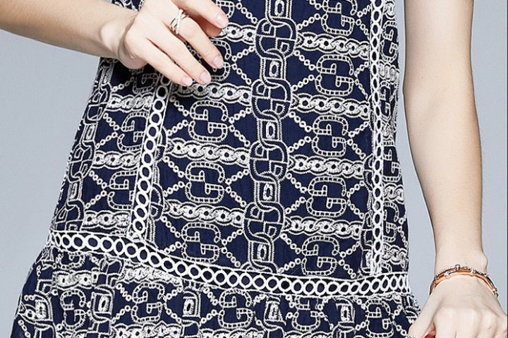 CM-DY020494 Women Elegant European Style Doll Collar Short Sleeve Loose Mini Dress - Navy Blue