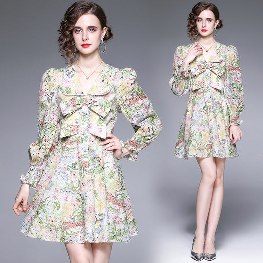 CM-DY021623 Women Elegant European Style V-Neck Floral Long Sleeve Mini Dress