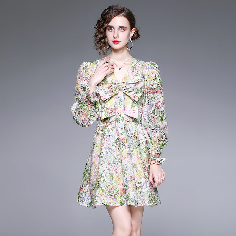 CM-DY021623 Women Elegant European Style V-Neck Floral Long Sleeve Mini Dress