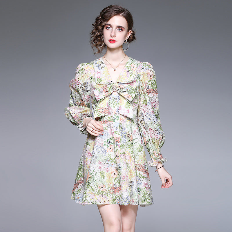 CM-DY021623 Women Elegant European Style V-Neck Floral Long Sleeve Mini Dress