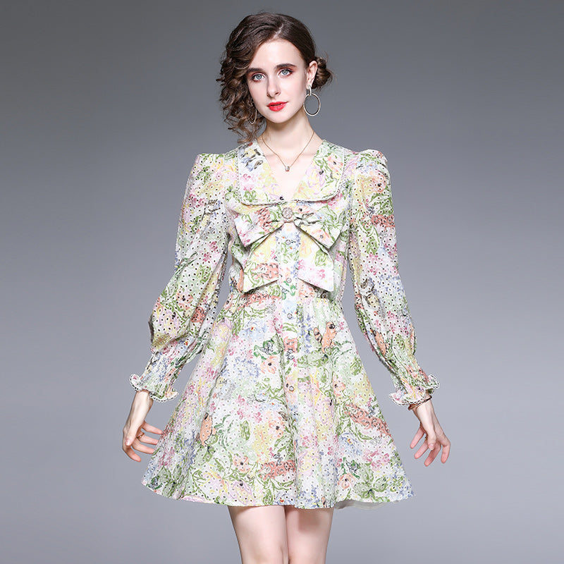 CM-DY021623 Women Elegant European Style V-Neck Floral Long Sleeve Mini Dress