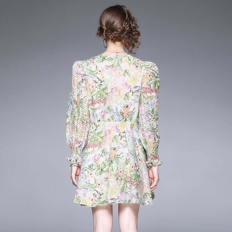 CM-DY021623 Women Elegant European Style V-Neck Floral Long Sleeve Mini Dress