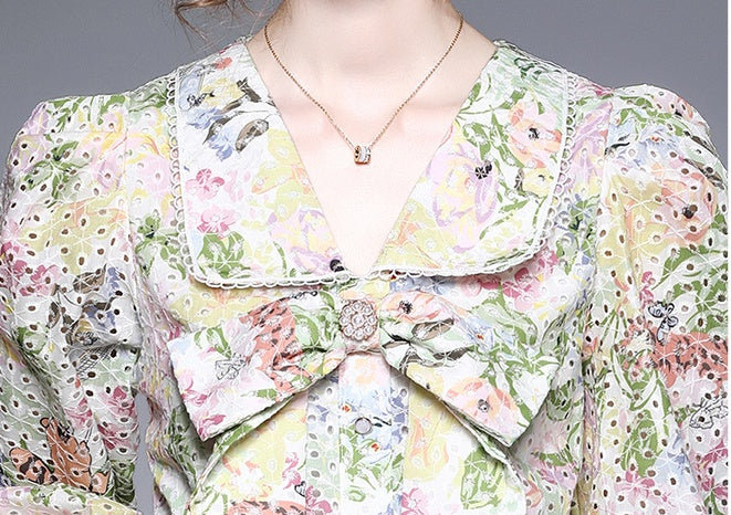 CM-DY021623 Women Elegant European Style V-Neck Floral Long Sleeve Mini Dress