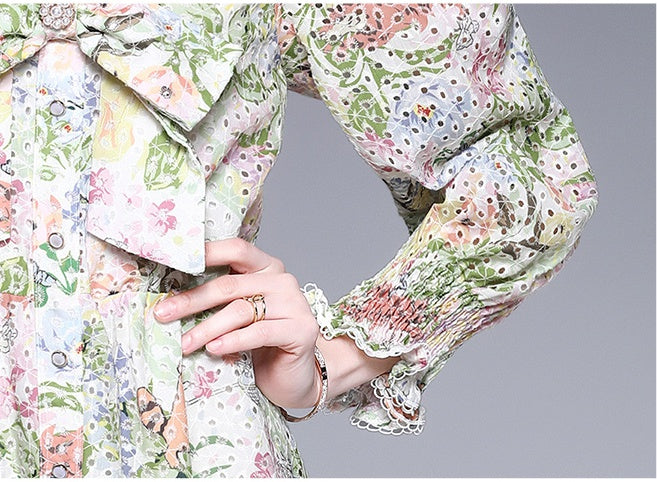CM-DY021623 Women Elegant European Style V-Neck Floral Long Sleeve Mini Dress