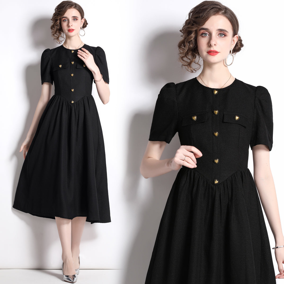CM-DY022456 Women Elegant European Style Round Neck Short Slleve Heart Button Decor Midi Dress - Black