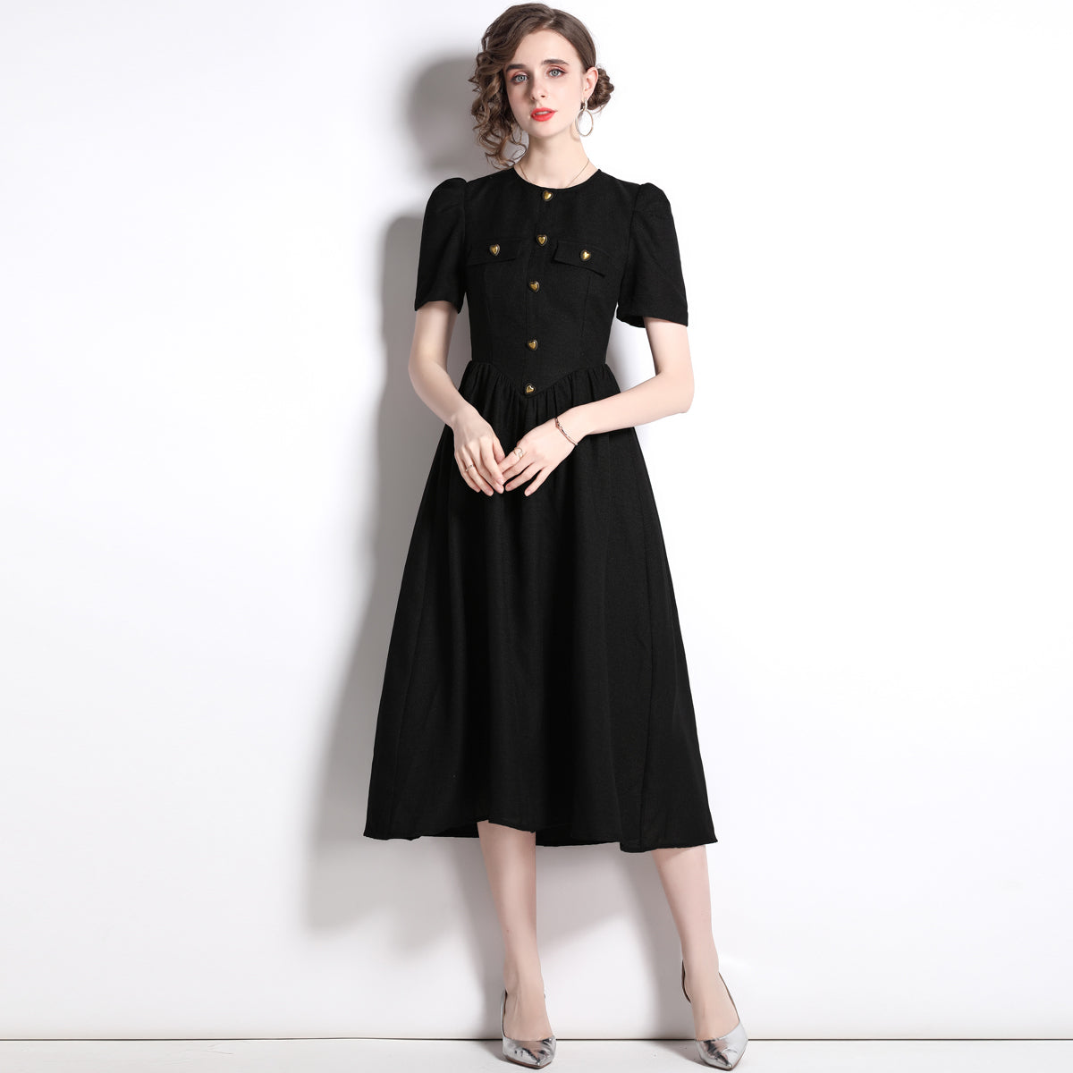 CM-DY022456 Women Elegant European Style Round Neck Short Slleve Heart Button Decor Midi Dress - Black