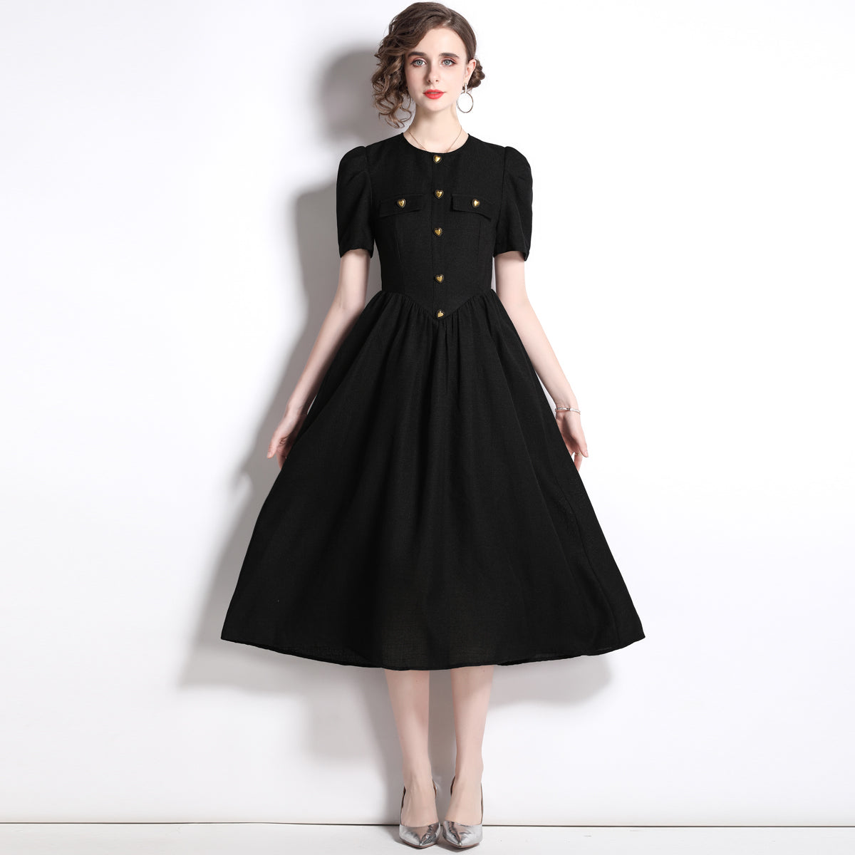 CM-DY022456 Women Elegant European Style Round Neck Short Slleve Heart Button Decor Midi Dress - Black