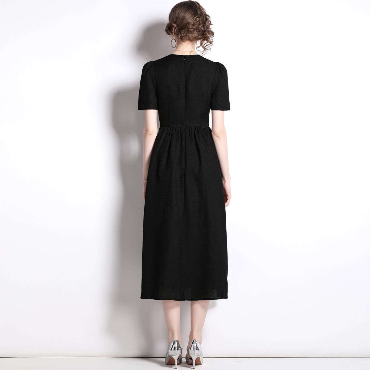 CM-DY022456 Women Elegant European Style Round Neck Short Slleve Heart Button Decor Midi Dress - Black