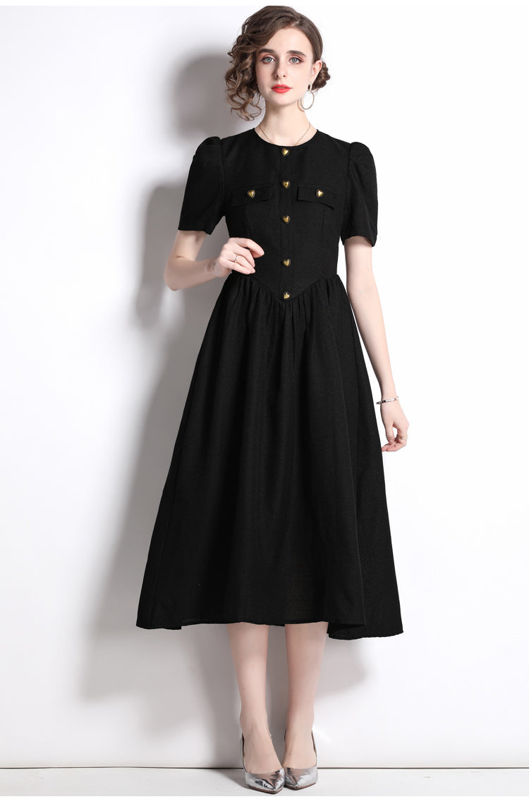 CM-DY022456 Women Elegant European Style Round Neck Short Slleve Heart Button Decor Midi Dress - Black