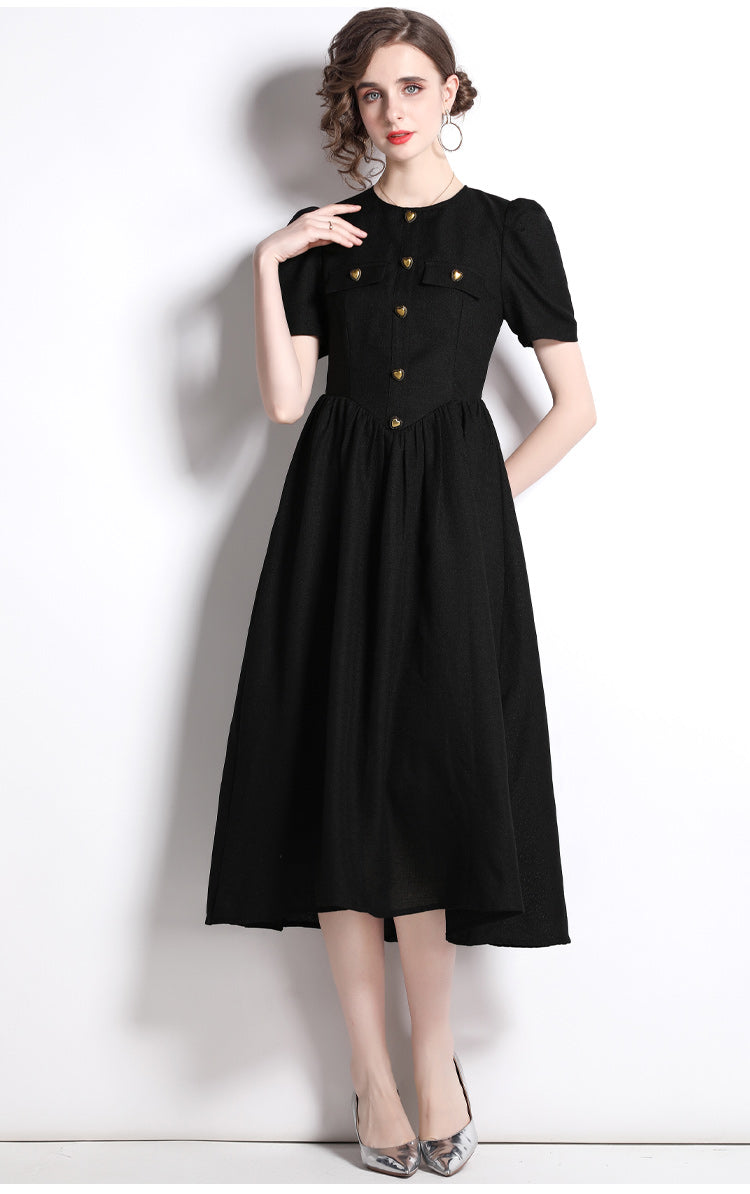CM-DY022456 Women Elegant European Style Round Neck Short Slleve Heart Button Decor Midi Dress - Black