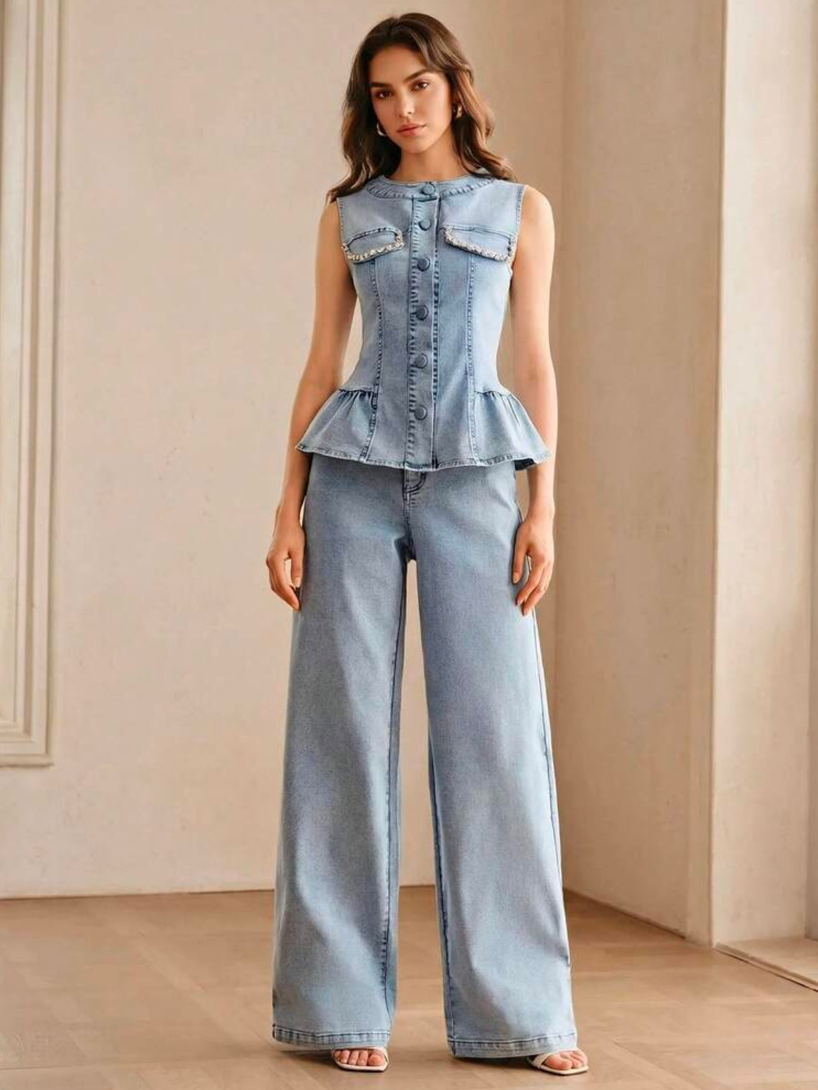 CM-SS572201 Women Elegant Seoul Style Round Neck Sleeveless Beaded Denim Camisole With Long Pants -Set