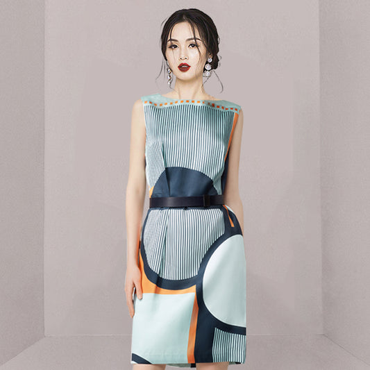CM-DY023043 Women Elegant European Style Collar Sleeveless Geometry Mini Dress