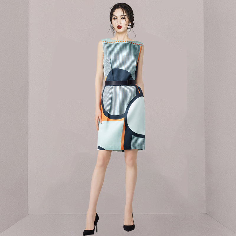CM-DY023043 Women Elegant European Style Collar Sleeveless Geometry Mini Dress