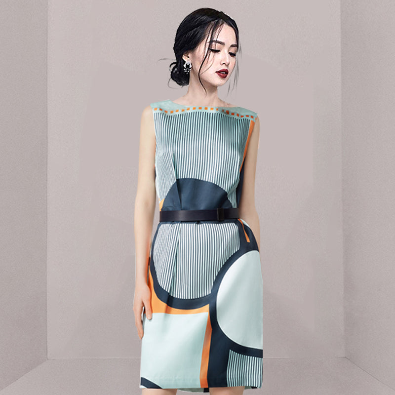CM-DY023043 Women Elegant European Style Collar Sleeveless Geometry Mini Dress