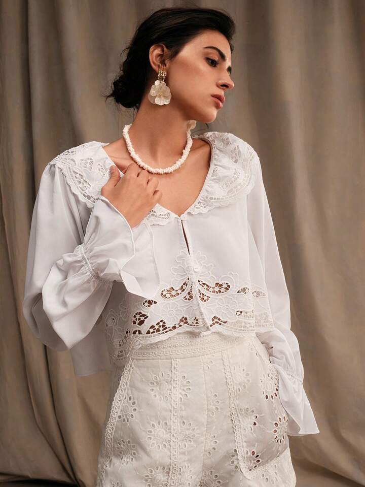 CM-TS637517 Women Trendy Bohemian Style Symmetrical Lace Detail Open-Front Shirt - White