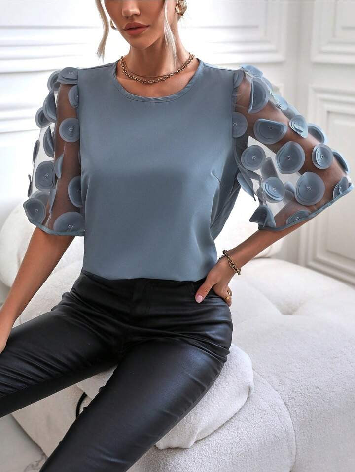 CM-TS278274 Women Casual Seoul Style Round Neck Contrast Mesh Sleeve Blouse - Gray