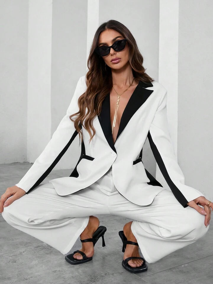 CM-SS225543 Women Elegant Seoul Style Contrast Color Lapel Neckline Long Sleeve Blazer With Suit Pants - Set