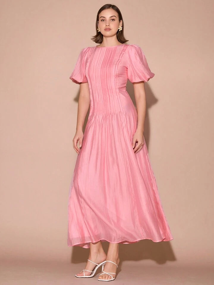 CM-DS173261 Women Elegant Seoul Style Round Neck Bubble Pleat Puff Long Sleeve Maxi Dress - Pink