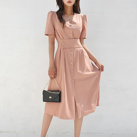 CM-DY027245 Women Casual Seoul Style V-Neck Single-Breasted Midi Dress