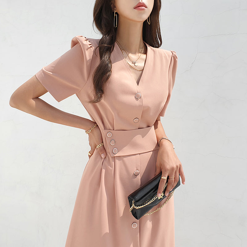 CM-DY027245 Women Casual Seoul Style V-Neck Single-Breasted Midi Dress