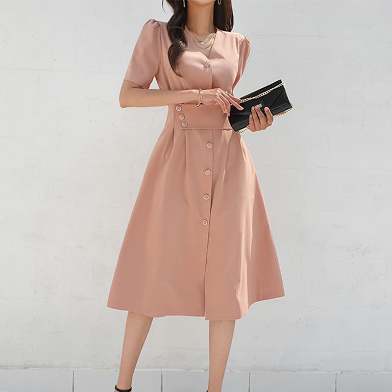 CM-DY027245 Women Casual Seoul Style V-Neck Single-Breasted Midi Dress