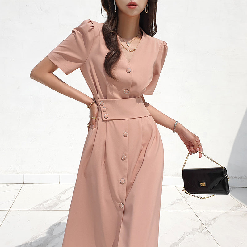 CM-DY027245 Women Casual Seoul Style V-Neck Single-Breasted Midi Dress