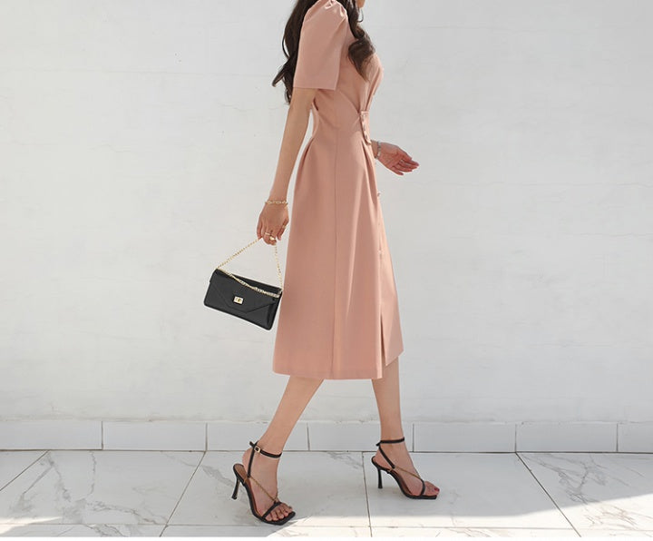 CM-DY027245 Women Casual Seoul Style V-Neck Single-Breasted Midi Dress
