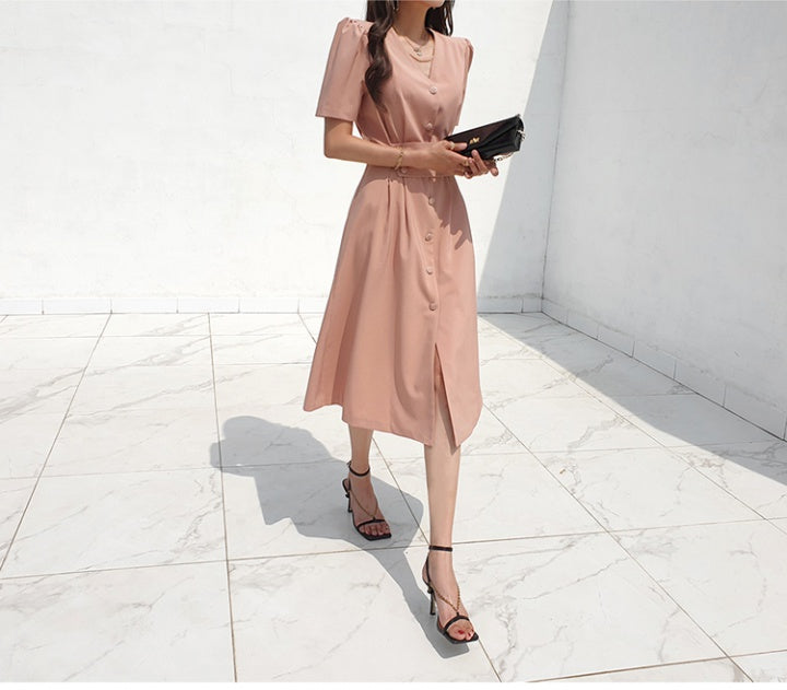 CM-DY027245 Women Casual Seoul Style V-Neck Single-Breasted Midi Dress