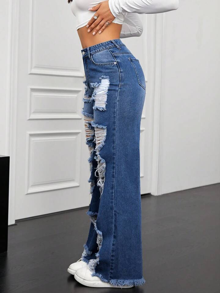 CM-BS168464 Women Casual Seoul Style Dark Wash Front Button Pocket Distressed Ripped Denim Long Jeans