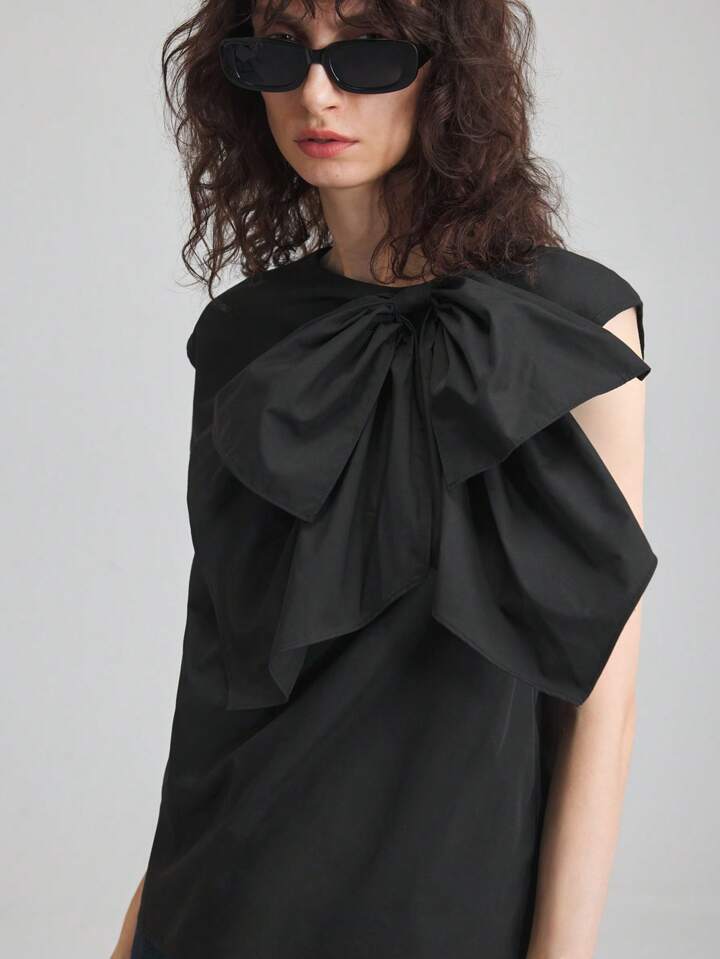 CM-TS225775 Women Casual Seoul Style Round Neck Batwing Sleeve Bow Decor Blouse - Black
