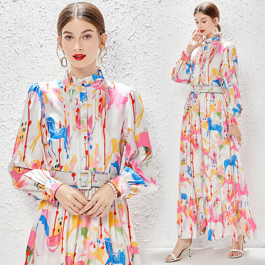 CM-DY030049 Women Elegant European Style Stand Collar Floral Printing Long Dress - Pink