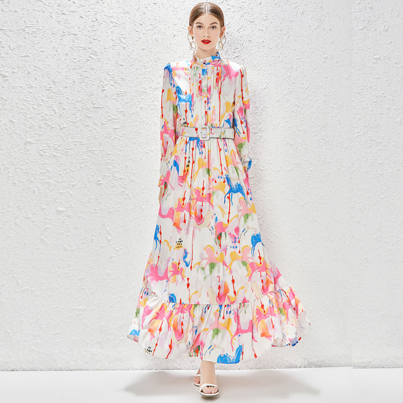 CM-DY030049 Women Elegant European Style Stand Collar Floral Printing Long Dress - Pink